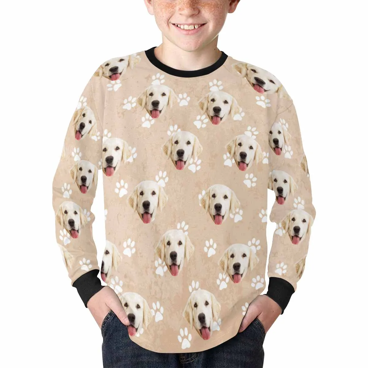 #7-16Y Custom Face Paw Print Kids' Rib Cuff Long Sleeve T-shirt