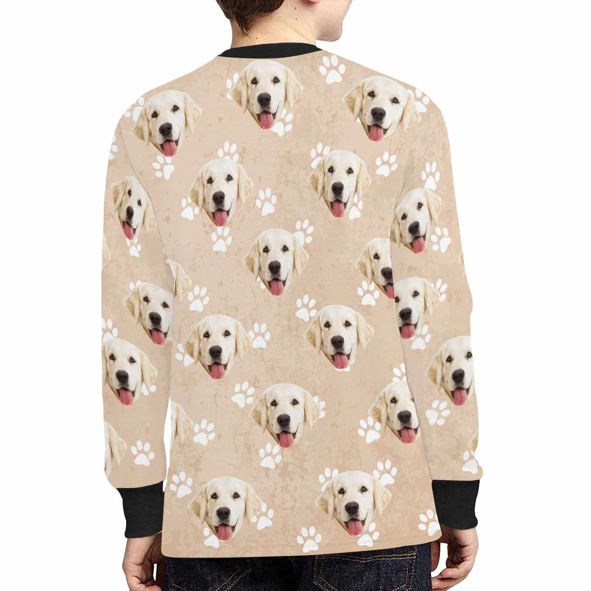 #7-16Y Custom Face Paw Print Kids' Rib Cuff Long Sleeve T-shirt