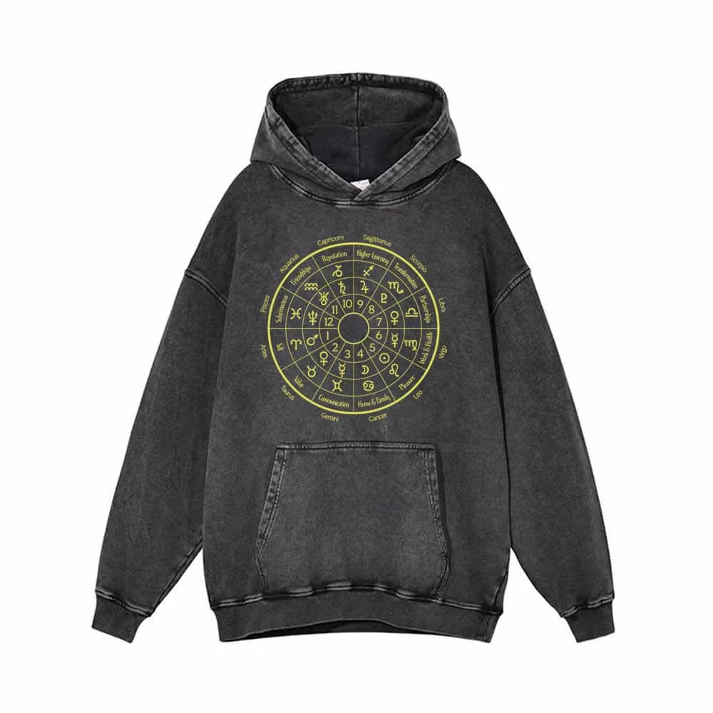 Astrological Houses Wheel Pattern Vintage Washed Hoodie