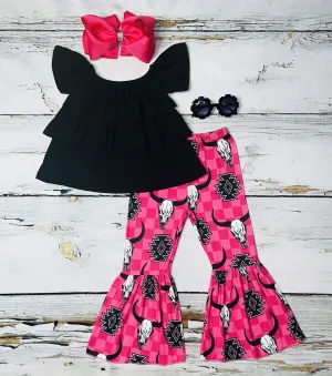 Black ruffle top w/hot pink checkers & bull skulls print bell bottoms 2pc set