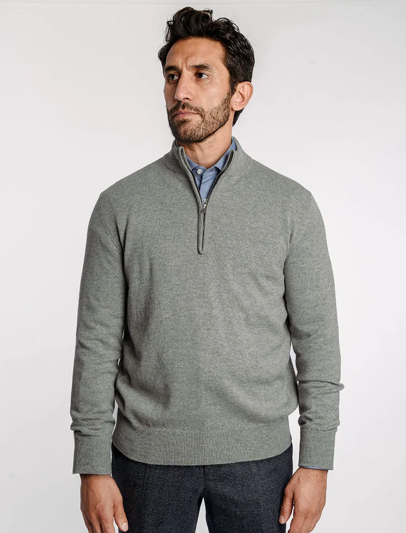 Grey Mock Neck Cashmere Quarter Zip Jumper