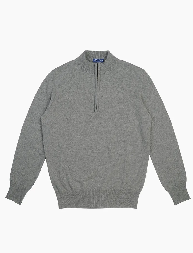 Grey Mock Neck Cashmere Quarter Zip Jumper