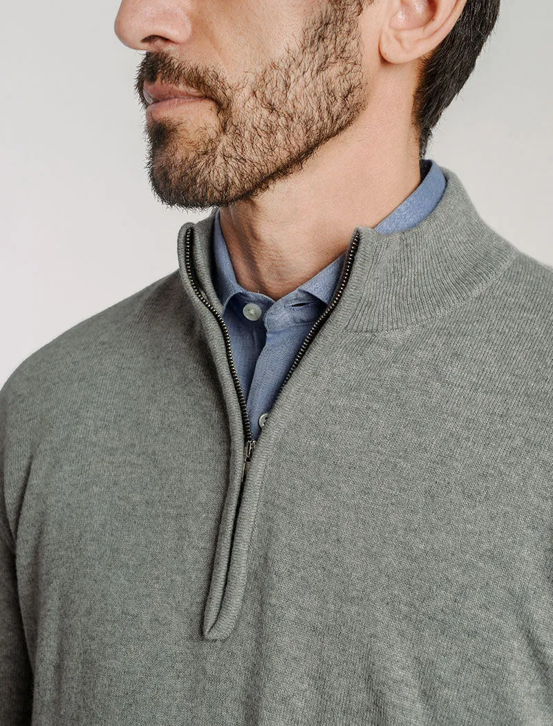 Grey Mock Neck Cashmere Quarter Zip Jumper