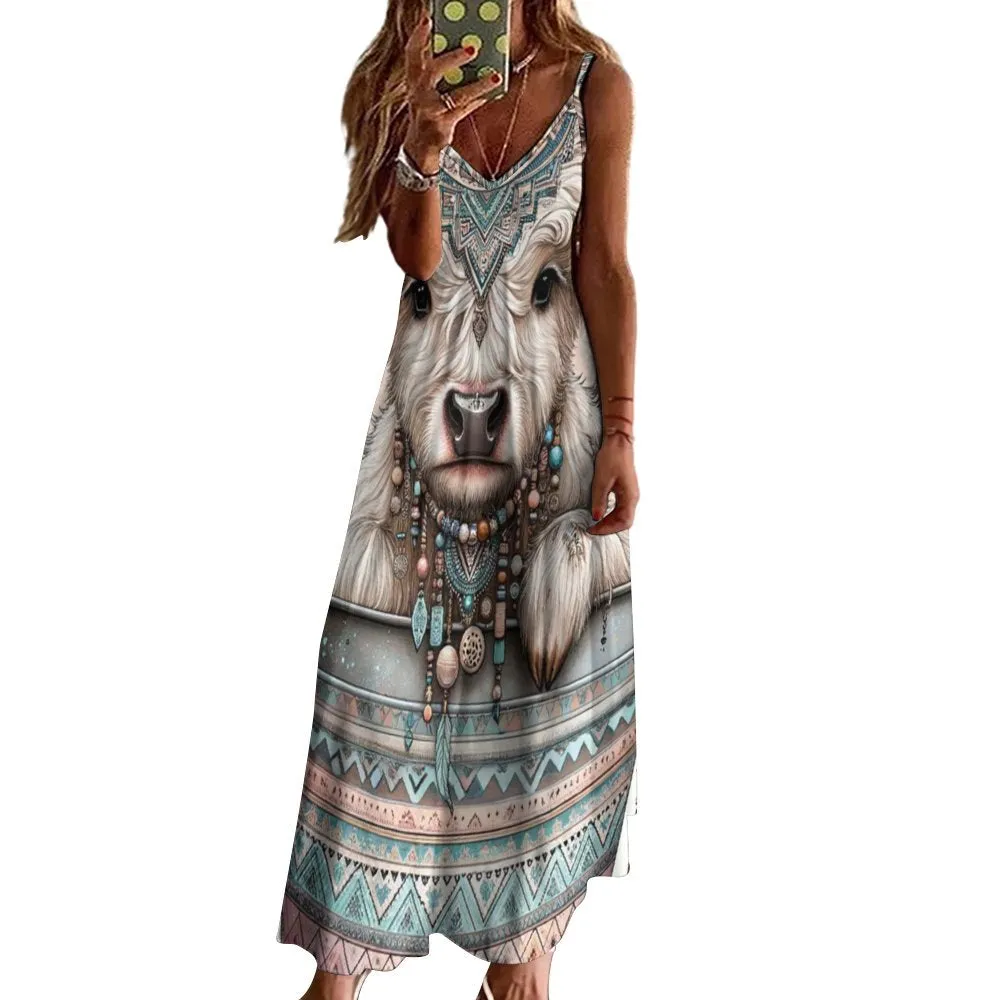 Highlander Cow Spaghetti Strap Ankle-Length Dress Long dress