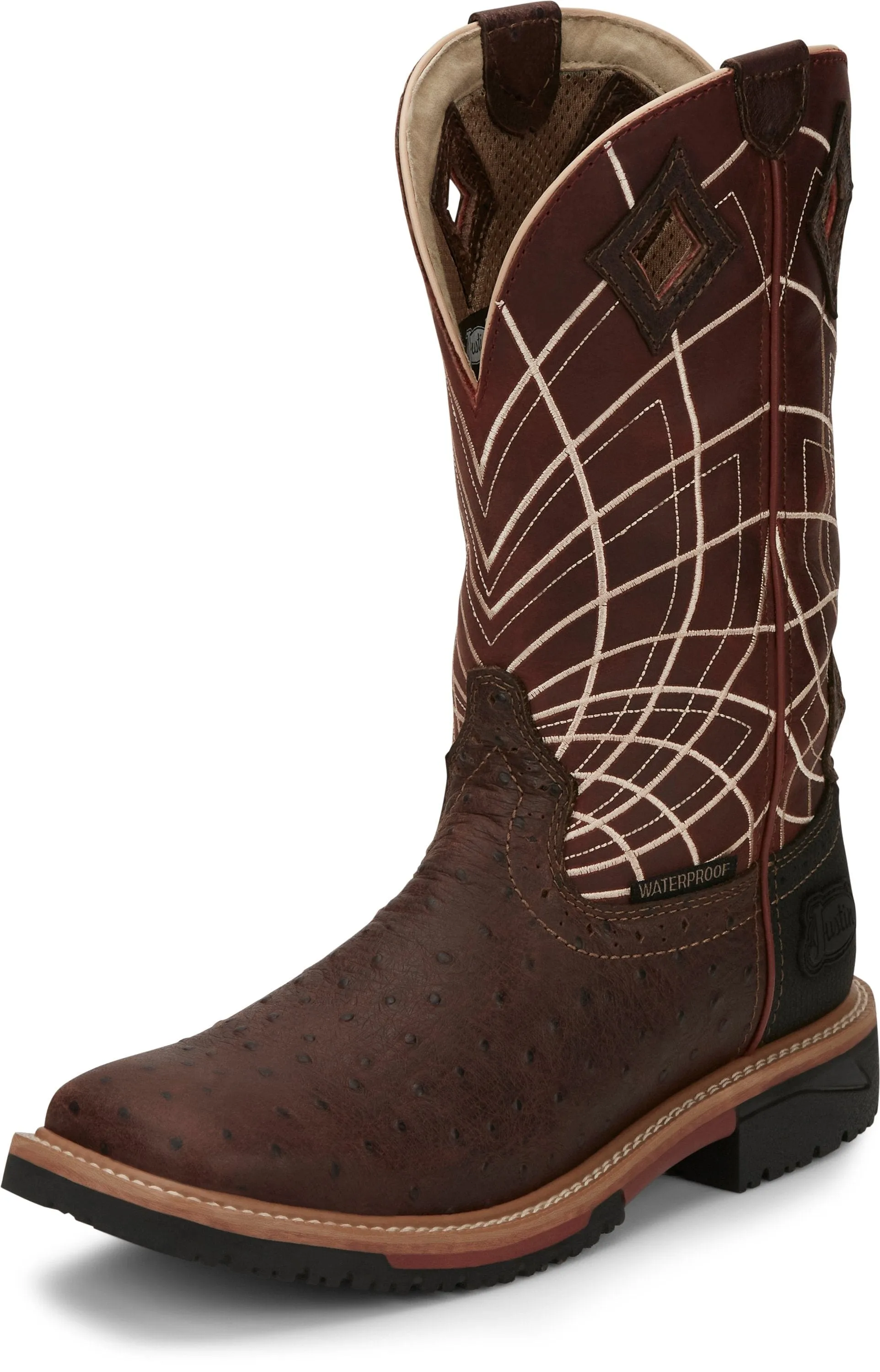 Justin Men's Derrickman Waterproof Burgundy Ostrich Print Square Toe Work Boot - SE4834