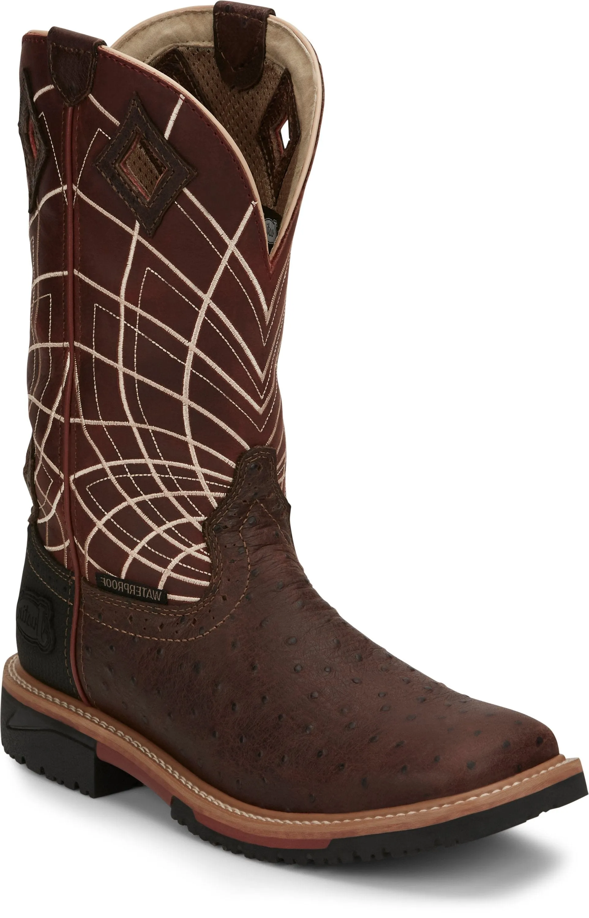 Justin Men's Derrickman Waterproof Burgundy Ostrich Print Square Toe Work Boot - SE4834