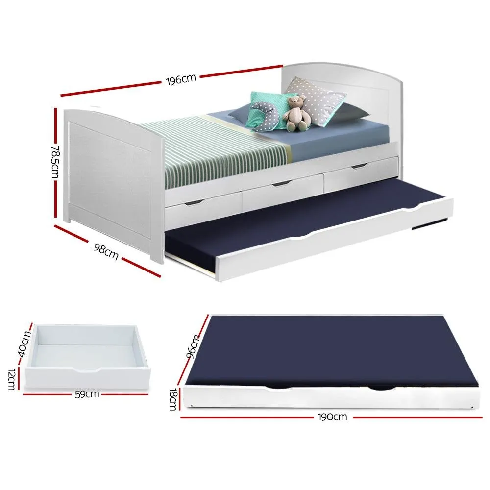 Kids Duncan Wooden Single Size Trundle Bed Frame White