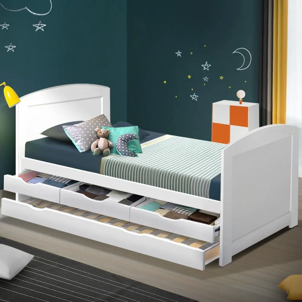 Kids Duncan Wooden Single Size Trundle Bed Frame White