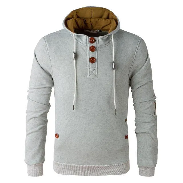 Men's Slim Fit Wooden Buttons Fleeced Hoodie