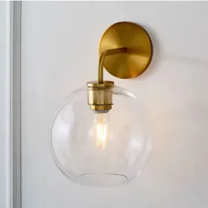 Modern Glass Orb Wall Sconce with Brass Arm, Clear/White