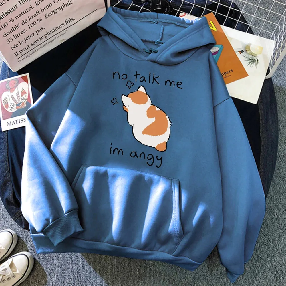 No Talk Me Cute Angry Cat Print Women Hoody Hip Hop Soft Sweatshirt Casual Fleece Sweatshirt Oversize Fleece Women Streetwear