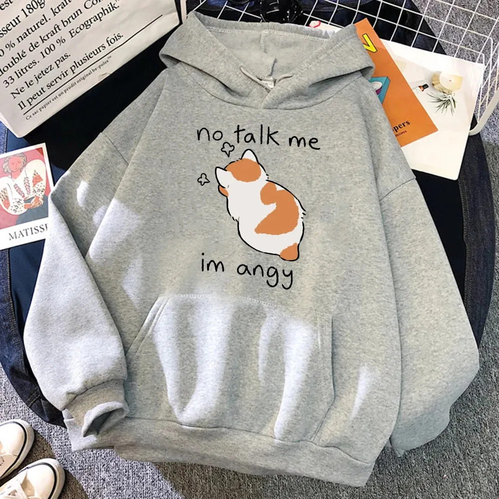 No Talk Me Cute Angry Cat Print Women Hoody Hip Hop Soft Sweatshirt Casual Fleece Sweatshirt Oversize Fleece Women Streetwear