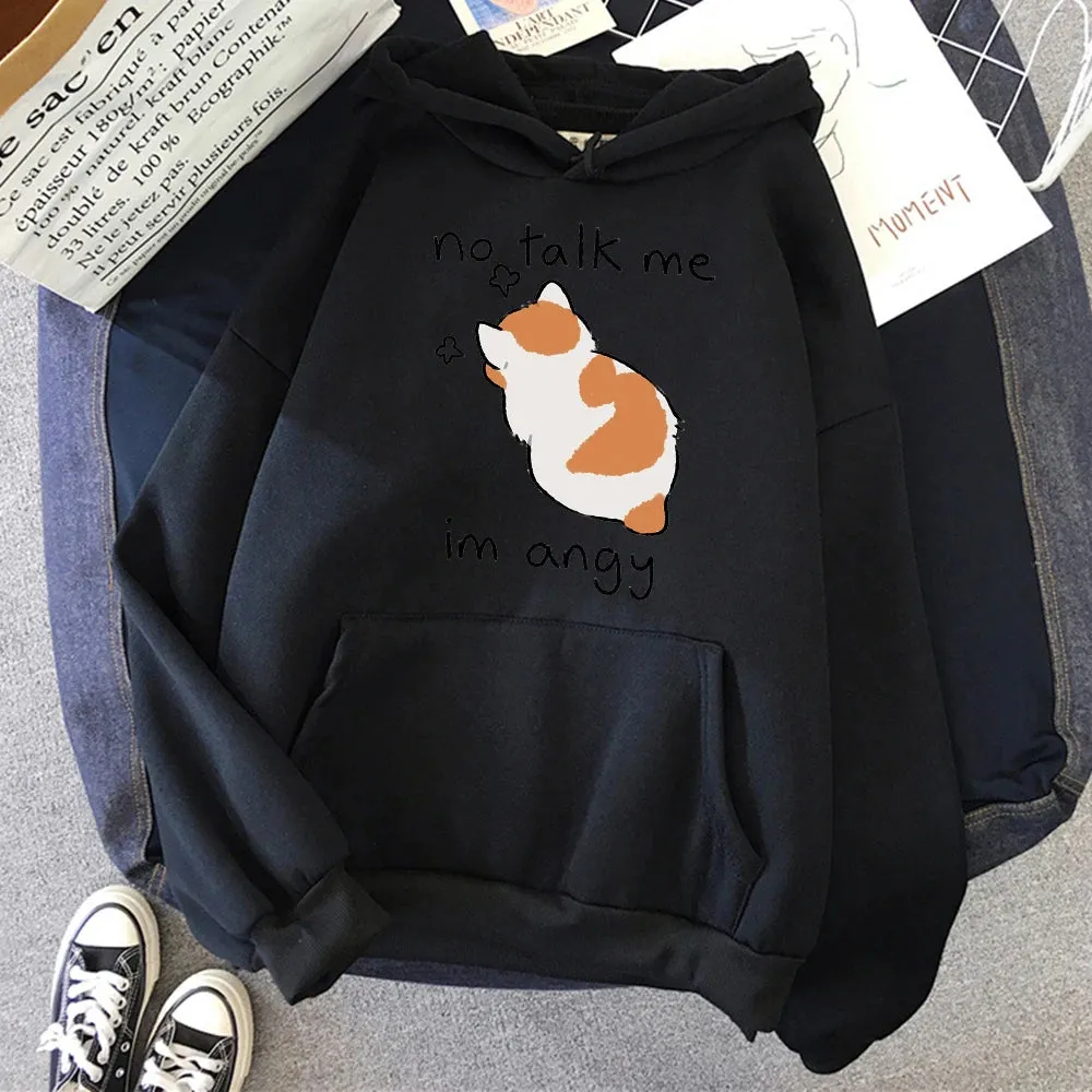 No Talk Me Cute Angry Cat Print Women Hoody Hip Hop Soft Sweatshirt Casual Fleece Sweatshirt Oversize Fleece Women Streetwear