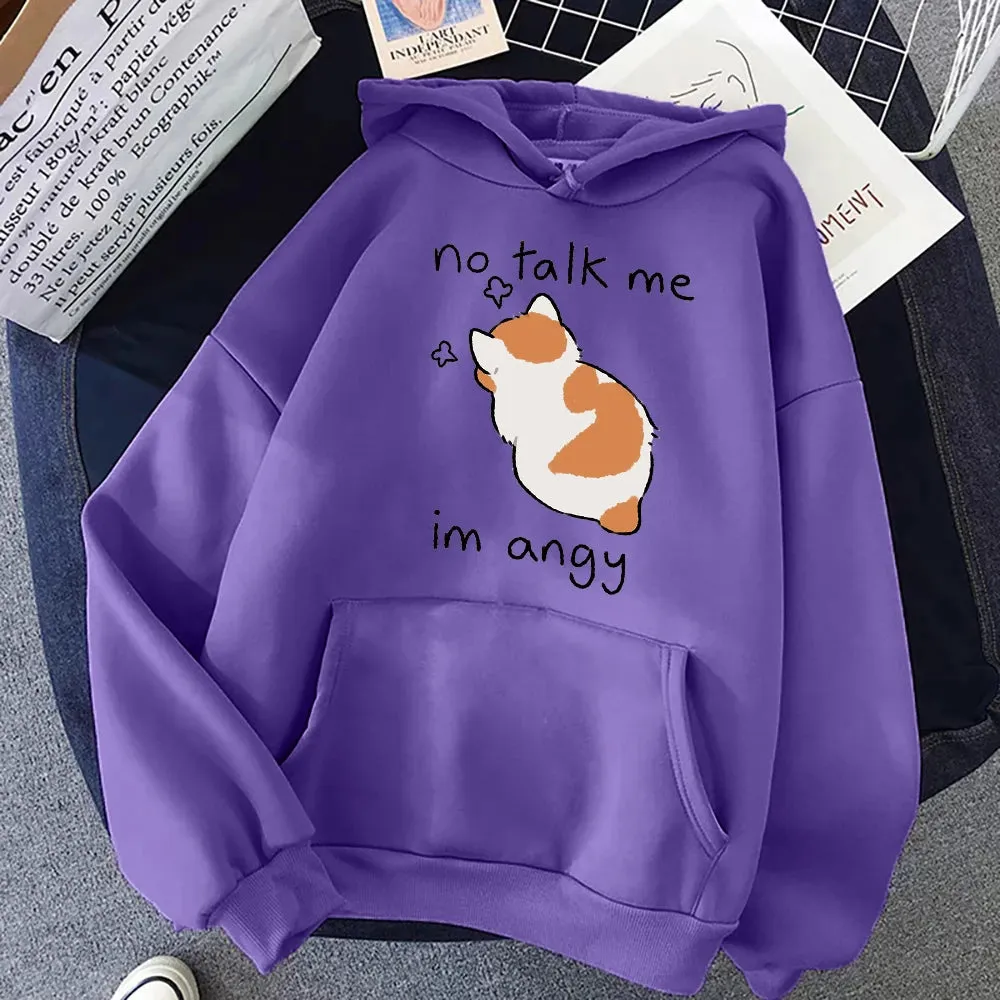 No Talk Me Cute Angry Cat Print Women Hoody Hip Hop Soft Sweatshirt Casual Fleece Sweatshirt Oversize Fleece Women Streetwear