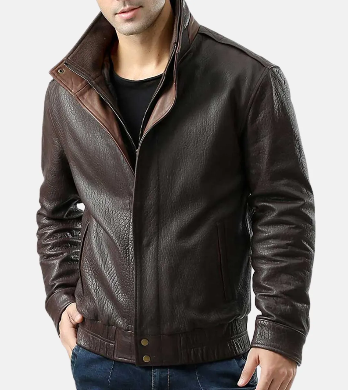 Notch Collar Men's Leather Bomber Jacket