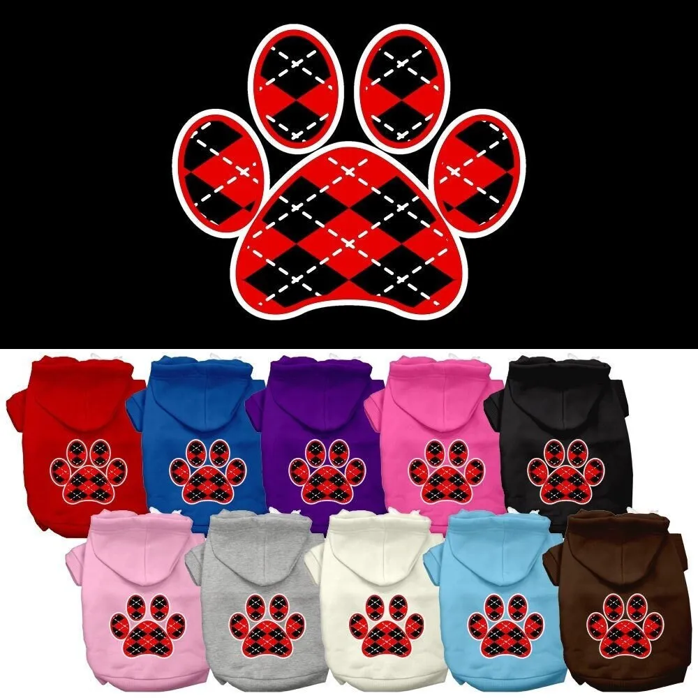 Pet Dog & Cat Hoodie Screen Printed, "Red Argyle Paw"