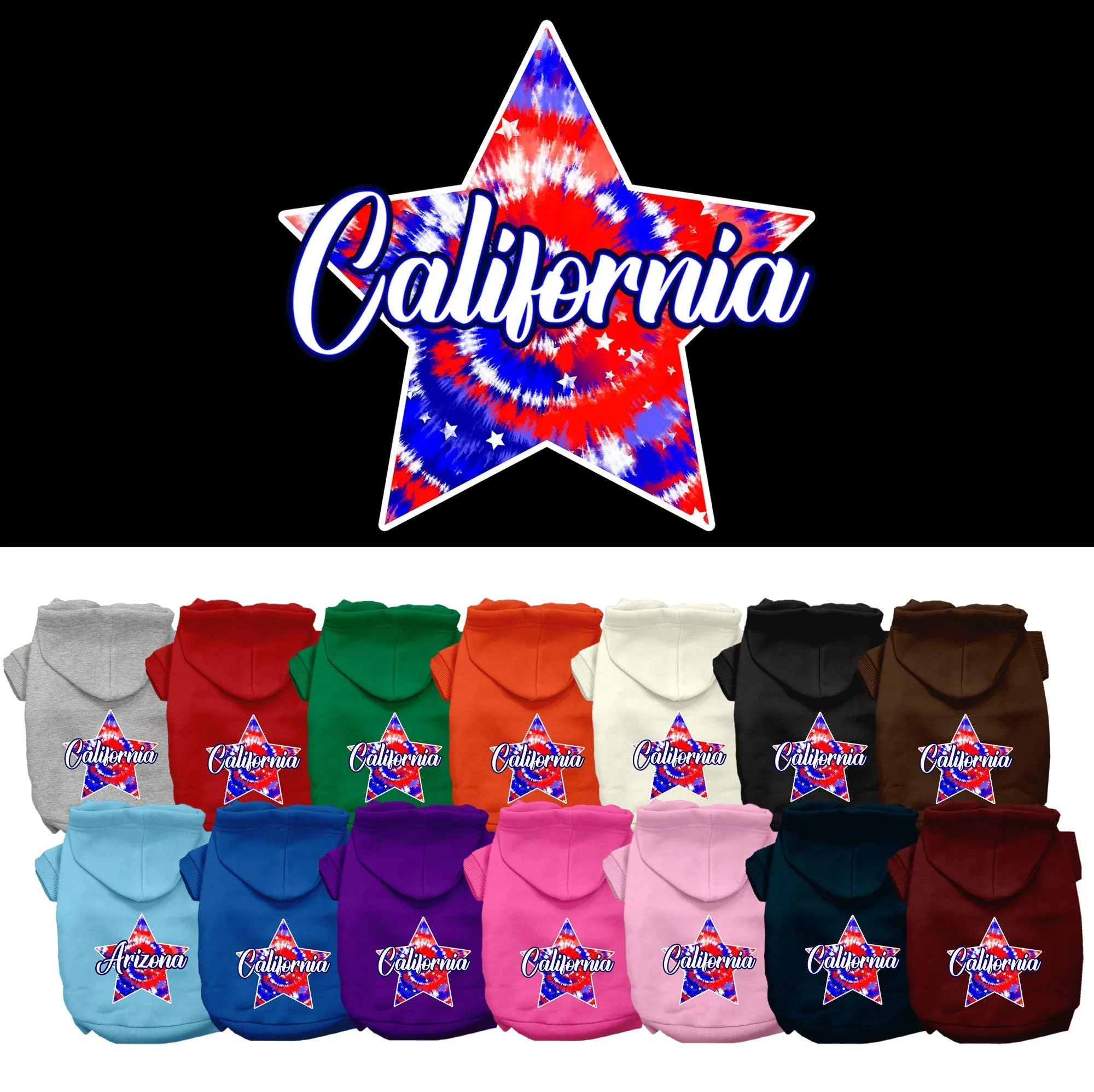 Pet Dog & Cat Screen Printed Hoodie for Medium to Large Pets (Sizes 2XL-6XL), "California Patriotic Tie Dye"