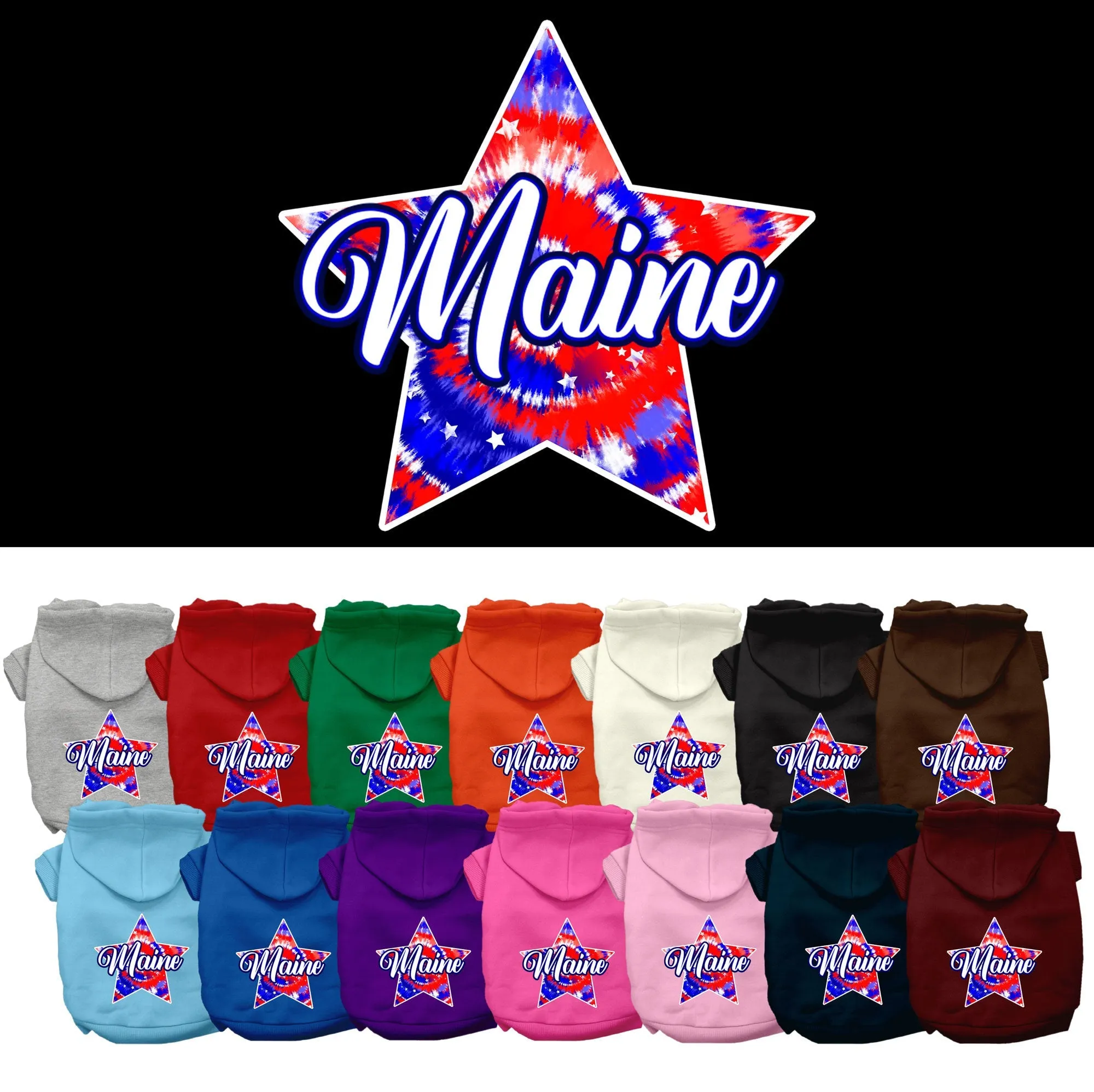 Pet Dog & Cat Screen Printed Hoodie for Small to Medium Pets (Sizes XS-XL), "Maine Patriotic Tie Dye"