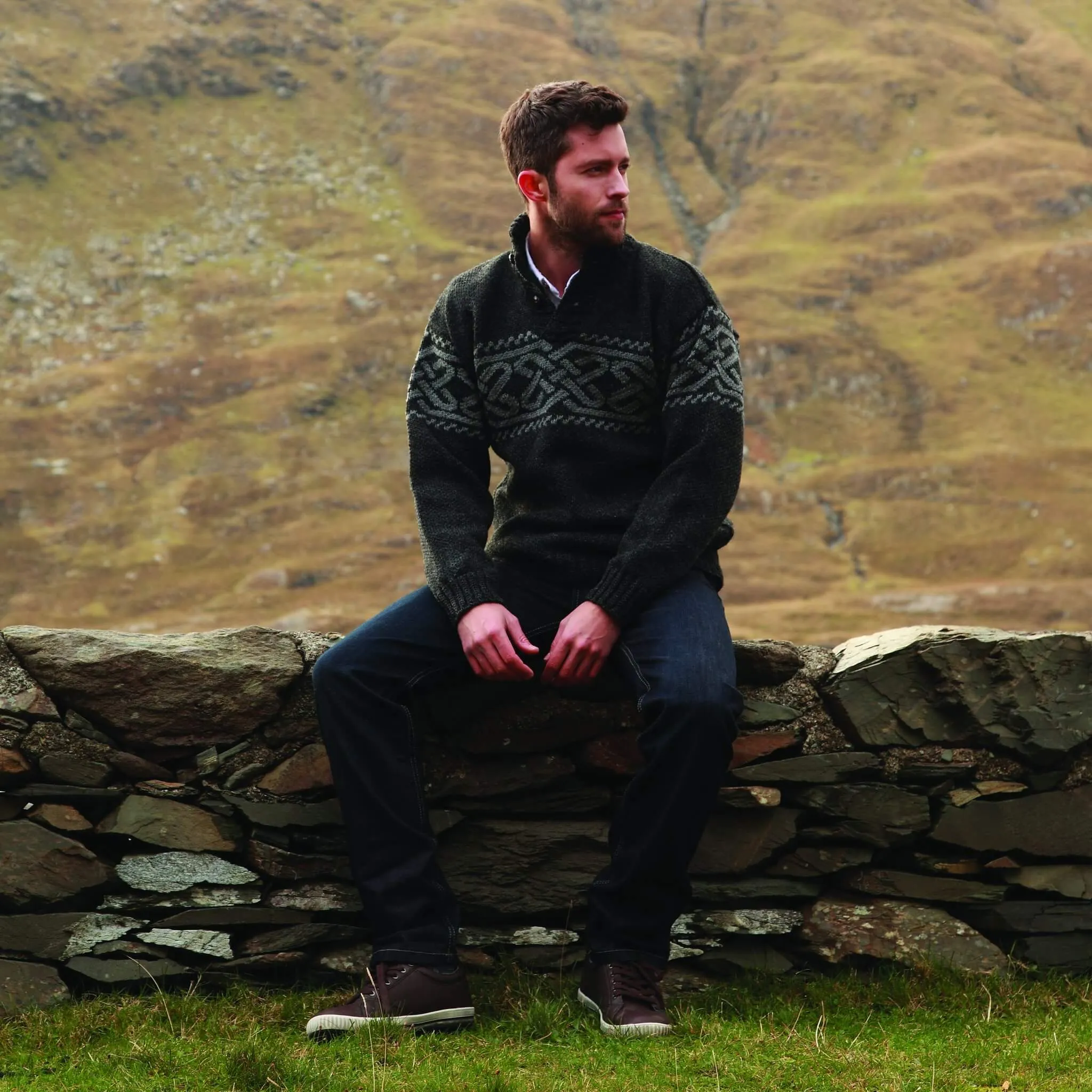 Rugged Irish Wool Sweater with Button Collar