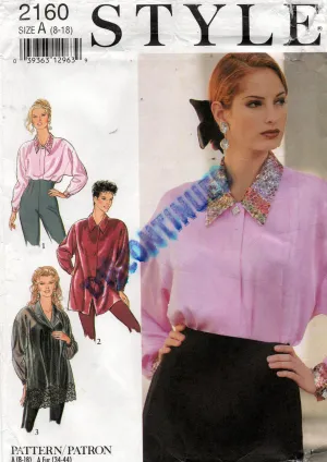 Style 2160 Womens Dolman Sleeved Shirts 1990s Vintage Sewing Pattern Size 8 - 18 UNCUT Factory Folded