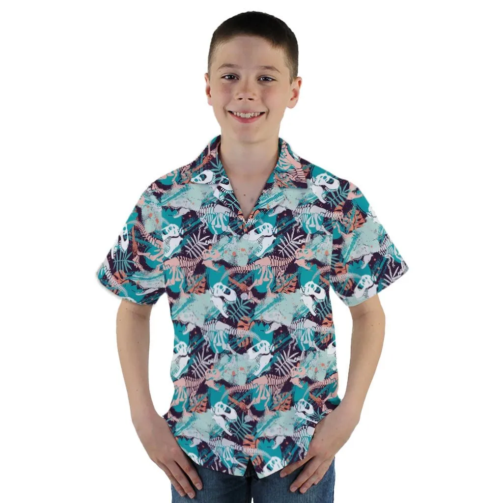 T-Rex Bones Footprints Green Dinosaur Youth Hawaiian Shirt