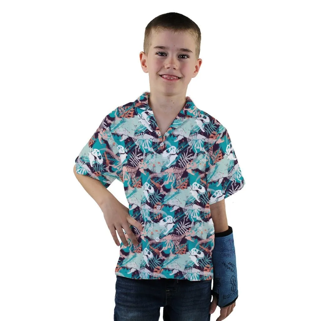 T-Rex Bones Footprints Green Dinosaur Youth Hawaiian Shirt