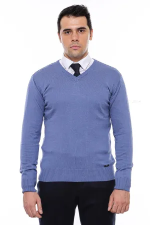 V Neck Knitwear Navy Blue Men Sweater