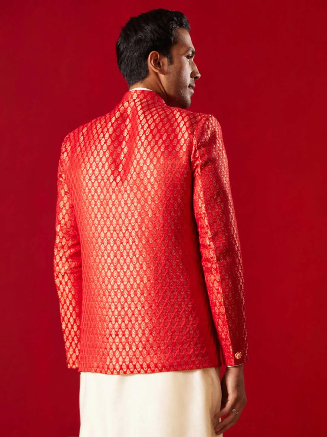 Vastramay Men's Red Banarasi Woven Jodhpuri