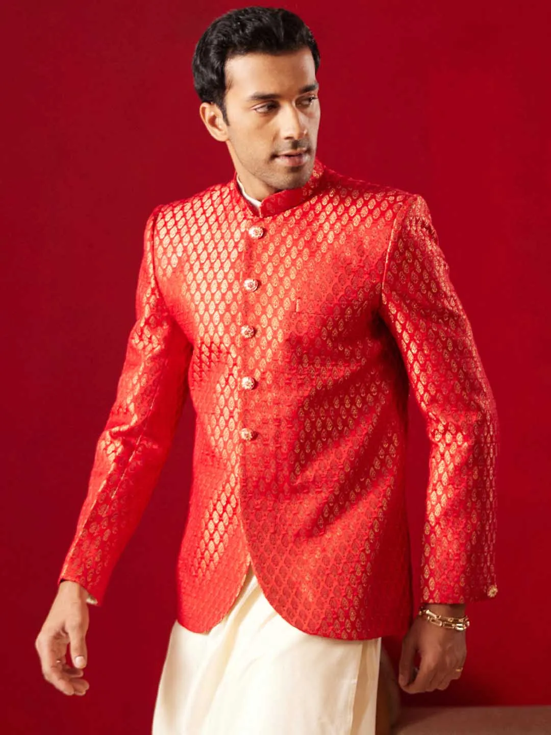 Vastramay Men's Red Banarasi Woven Jodhpuri