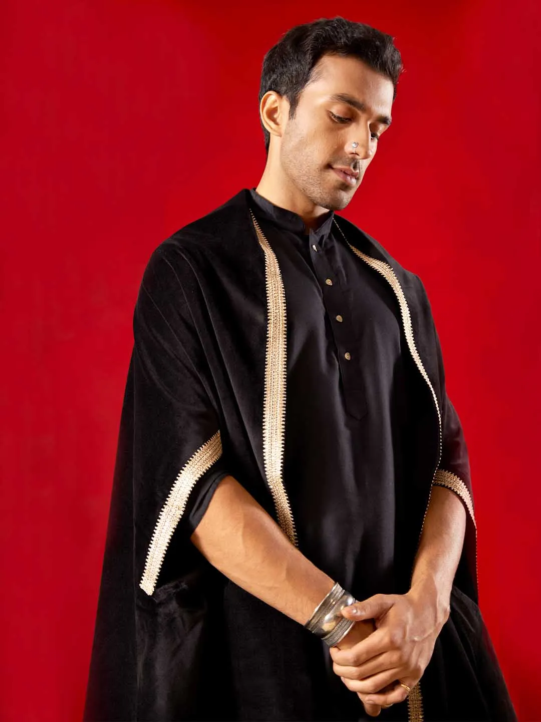 Vastramay Men's Velvet Dupatta Kurta Set