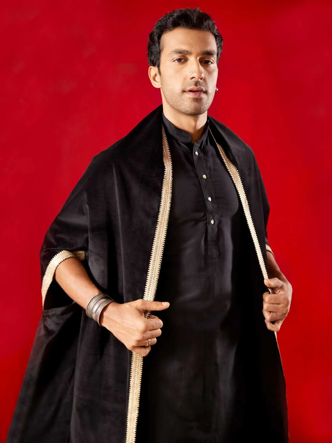 Vastramay Men's Velvet Dupatta Kurta Set