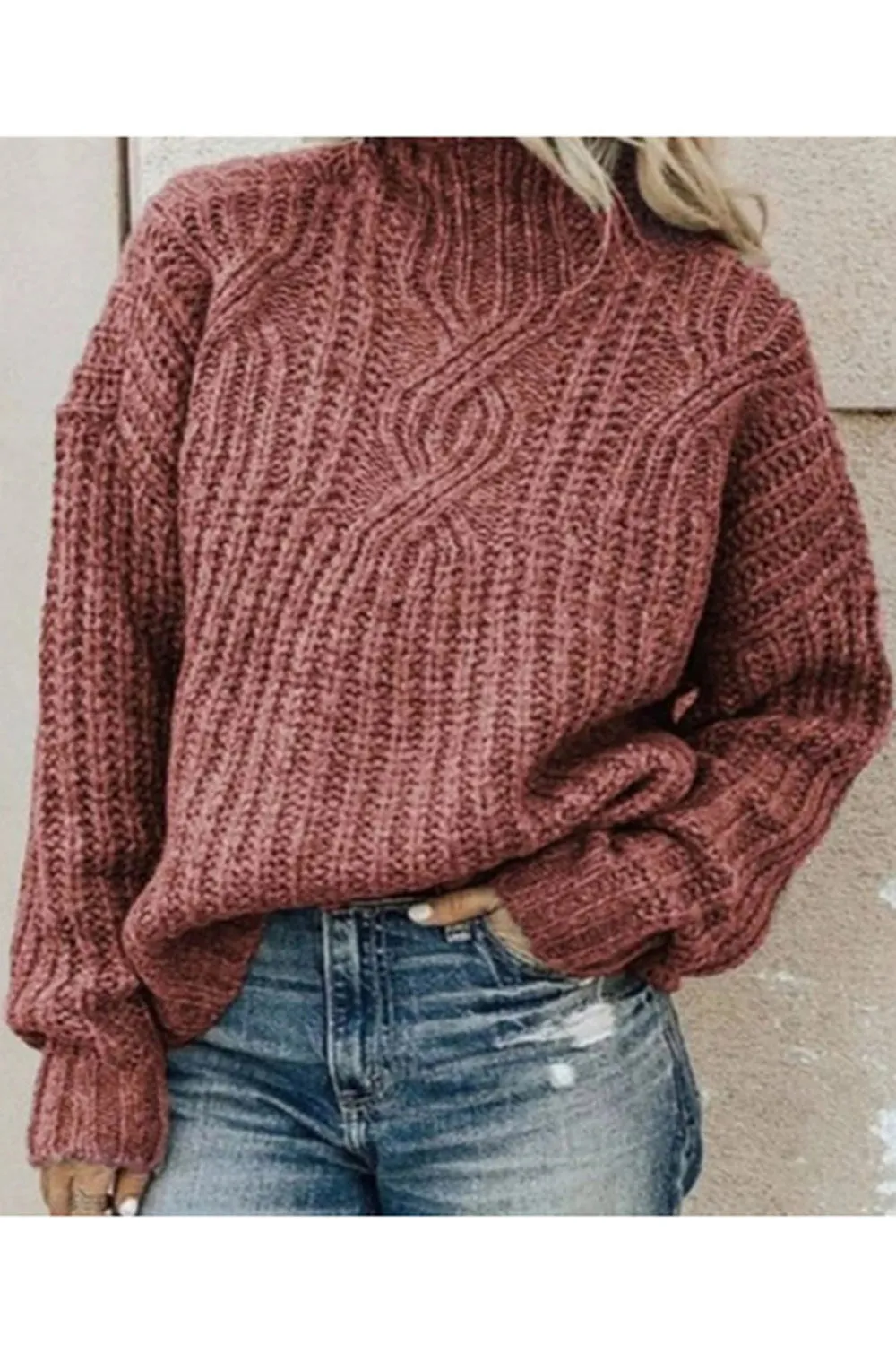 Women Loose Long Sleeve Turtle Neck Solid Color Sweater - WST87781